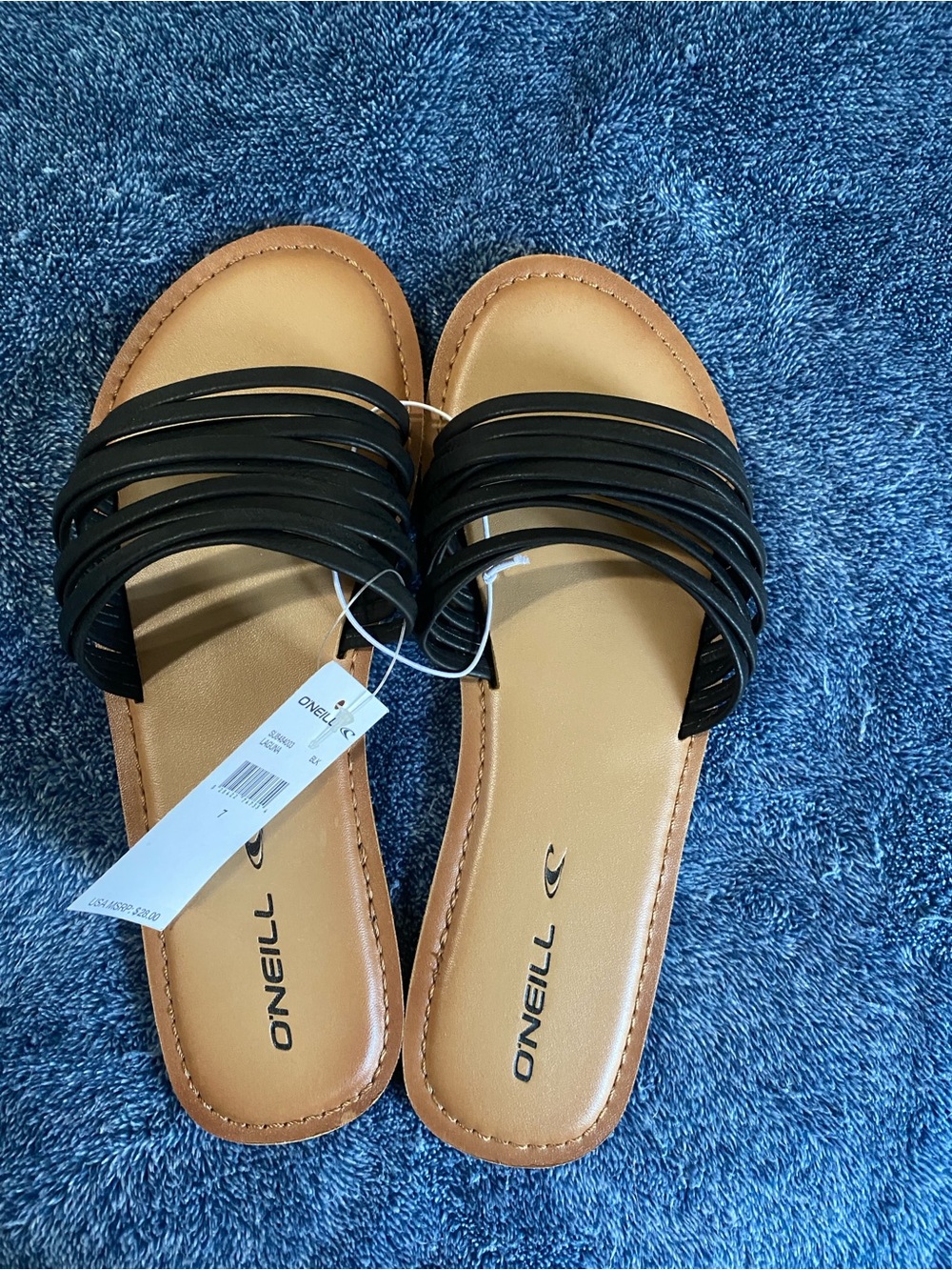 O'Neill Women's Black Multi-Strap Tan Footbed Slide Sandals